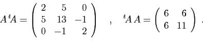 \begin{displaymath}
A {^t\!A} =
\left(
\begin{array}{rrr}
2&5&0\\
5&13&-1\\
...
... =
\left(
\begin{array}{rr}
6&6\\
6&11
\end{array}\right)\;.
\end{displaymath}