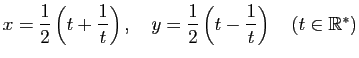 $ x=\dfrac{1}{2}\left(t+\dfrac{1}{t}\right), \quad y=\dfrac{1}{2}\left(t-\dfrac{1}{t}\right) \quad (t\in\mathbb{R}^*)$
