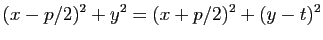 $\displaystyle (x-p/2)^2+y^2=(x+p/2)^2+(y-t)^2$