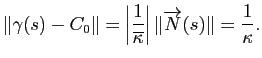$\displaystyle \left\Vert \gamma(s) - C_0 \right\Vert
= \left\vert \frac{1}{\overline{\kappa}}\right\vert \Vert\overrightarrow{N}(s)\Vert = \frac{1}{\kappa}.
$