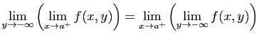 $\displaystyle \lim_{y\to -\infty}\left(\lim_{x\to a^+} f(x,y)\right)=
\lim_{x\to a^+}\left(\lim_{y\to -\infty} f(x,y)\right)
$