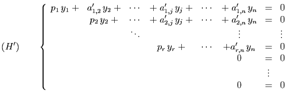 $\displaystyle (H')\qquad
\left\{\begin{array}{cccccccl}
p_1 y_1\;+&a'_{1,2} y...
...{r,n} y_n&=&0\\
&&&&&0&=&0\\
&&&&&&\vdots&\\
&&&&&0&=&0
\end{array}\right.
$