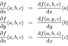 \begin{displaymath}
\begin{array}{lcl}
\displaystyle{\frac{\partial f}{\partial ...
...laystyle{\frac{\mathrm{d}f(a,b,z)}{\mathrm{d}z}(c)}
\end{array}\end{displaymath}