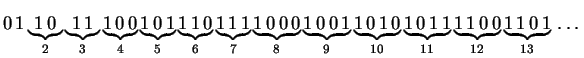 $\displaystyle 0 \,1 \underbrace{1 \,0}_2 \underbrace{1 \,1}_3
\underbrace{1 \,...
...}_{11}
\underbrace{1 \,1 \,0 \,0}_{12}\underbrace{1 \,1 \,0 \,1}_{13} \,\ldots
$