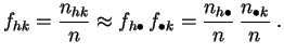 $\displaystyle f_{hk} = \frac{n_{hk}}{n} \approx f_{h\bullet}\, f_{\bullet k}
=\frac{n_{h\bullet}}{n}\,\frac{n_{\bullet k}}{n}\;.
$